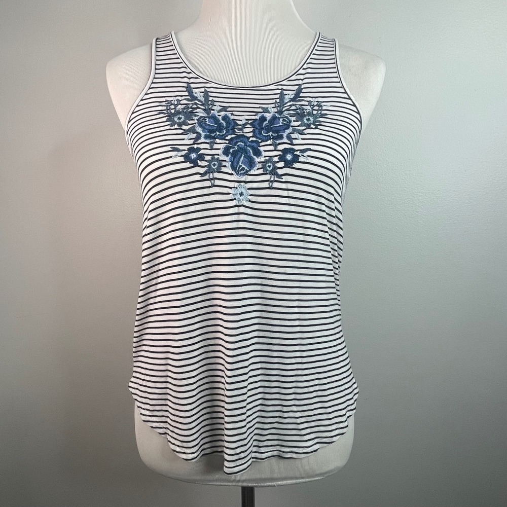 American Eagle Soft & Sexy Striped Floral Embroidered Tank Top XS Black White